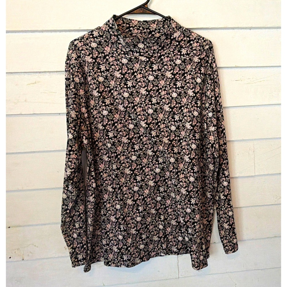 Croft & Barrow Women's Plus 2X Blouse Black Pink Floral V-Neck Pullover